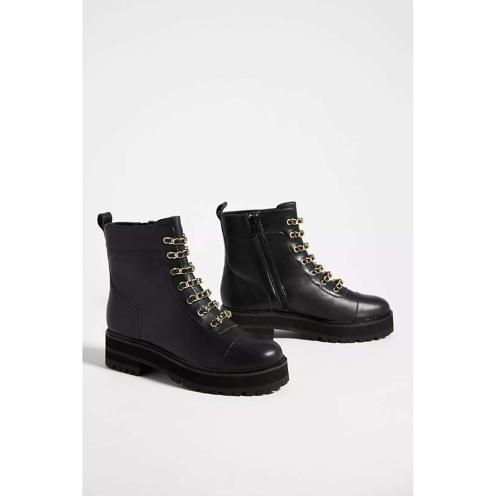 Cecelia New York Chance Combat Boots 8 Black Gold Chain Lug Sole Anthropologie